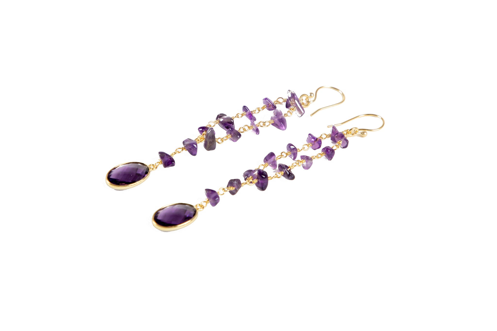 Linear drop earring with Amythest Gemstone. Gold tone.