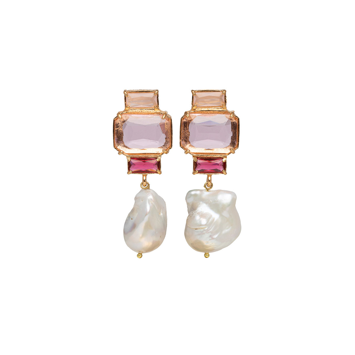 Shades of Pink Crystals with a Pearl Drop. Gold tone.