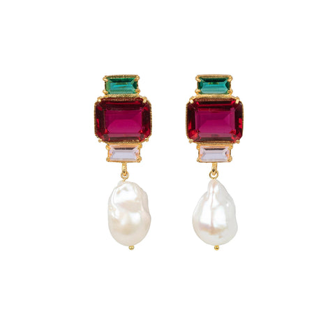 Fuschia & Green Crystals with a Pearl Drop. Gold tone. - Fuschia & Green Crystals with a Pearl Drop. Gold tone.