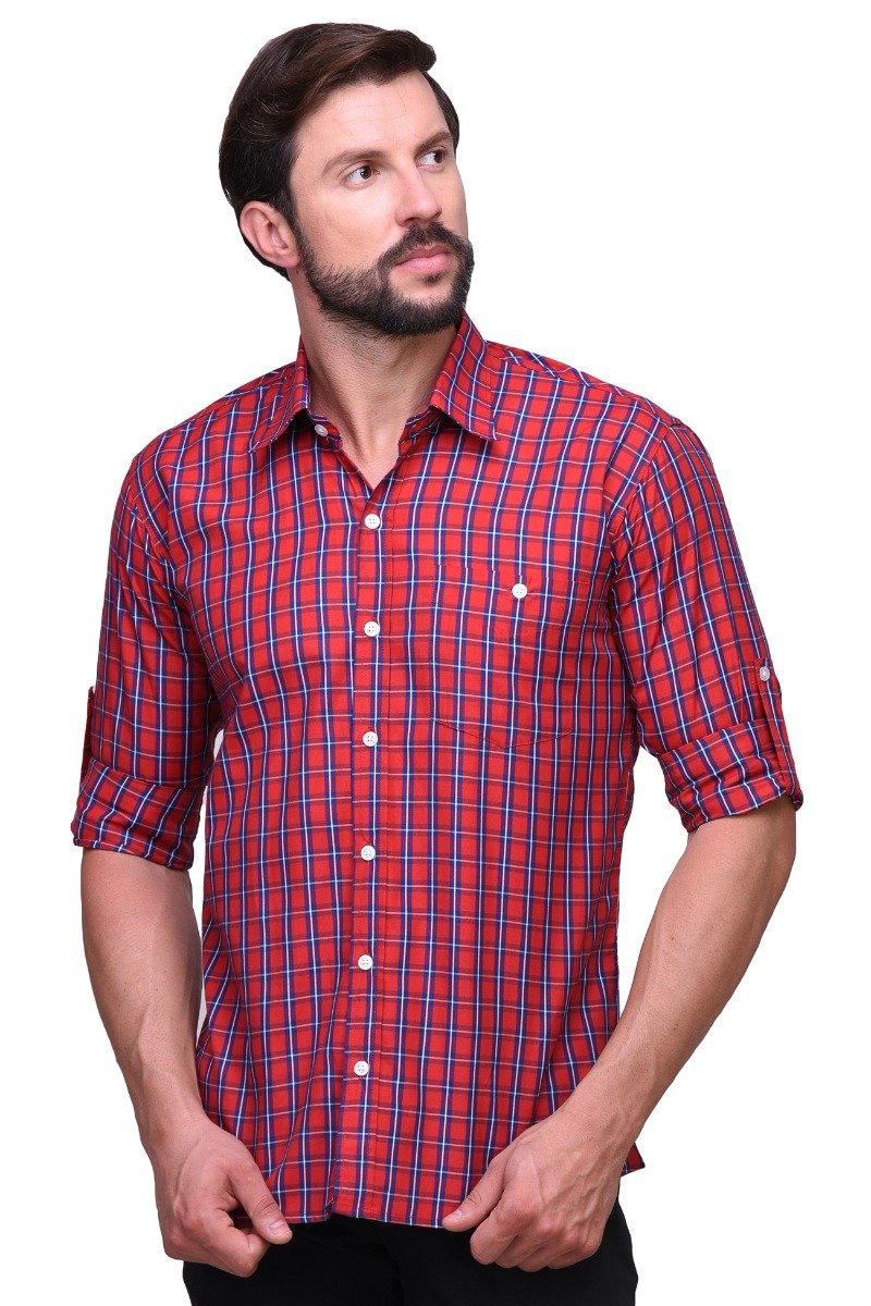 Chokore Men's Red and Blue Check Cotton Casual Shirt