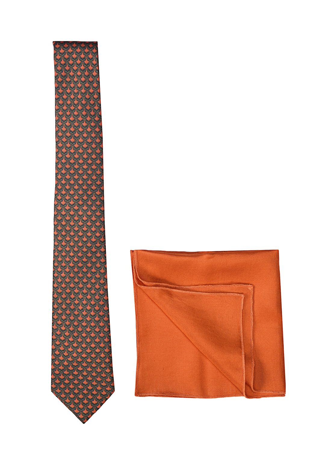 Chokore Grey & Red Silk Tie & Orange color silk pocket square set
