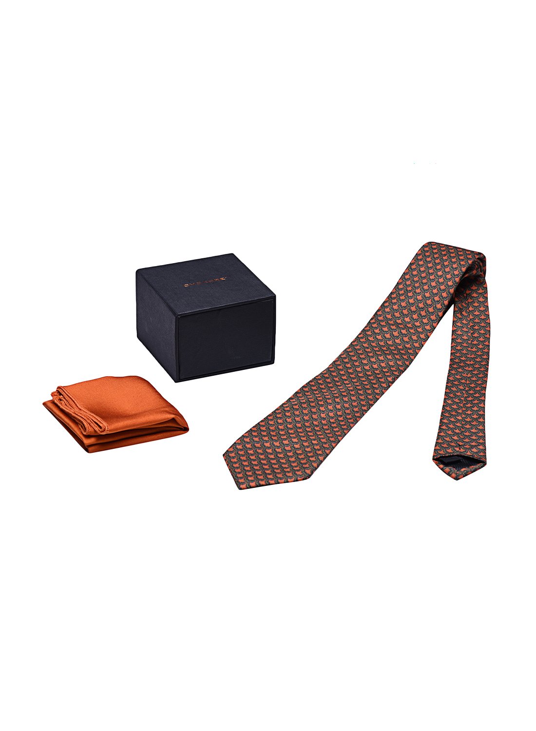 Chokore Grey & Red Silk Tie & Orange color silk pocket square set