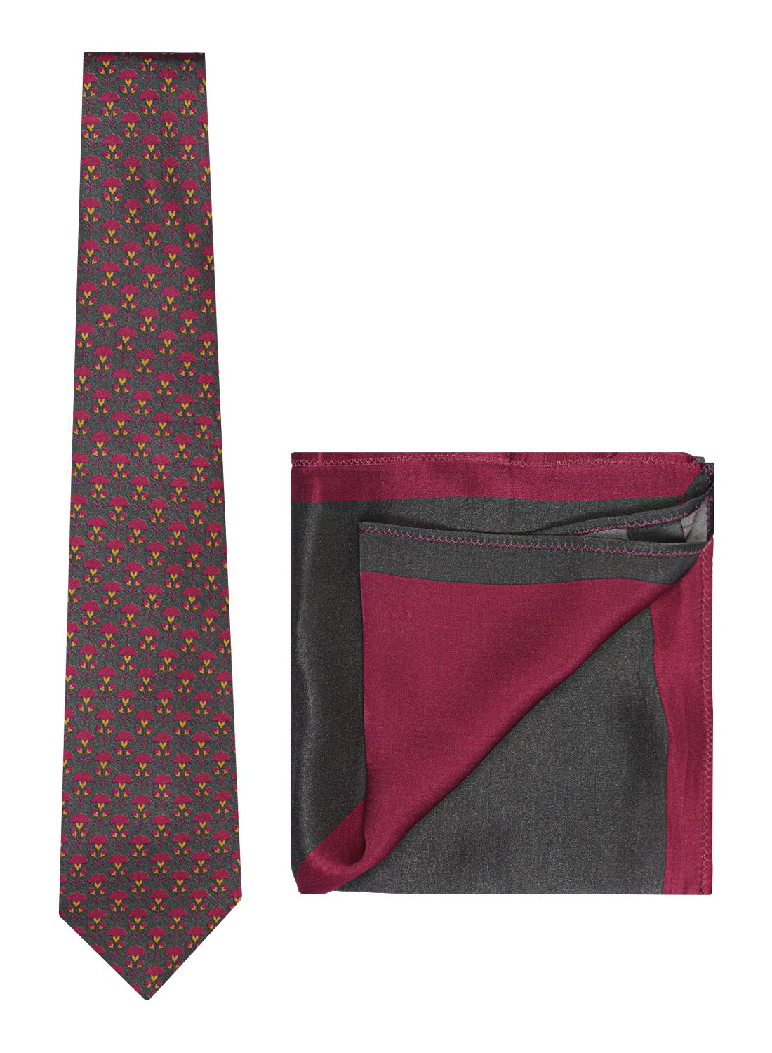 Chokore Grey & Magenta Silk Tie from Indian At Heart range & Two-in-one Dark Grey & Wine Pink Silk Pocket Square set