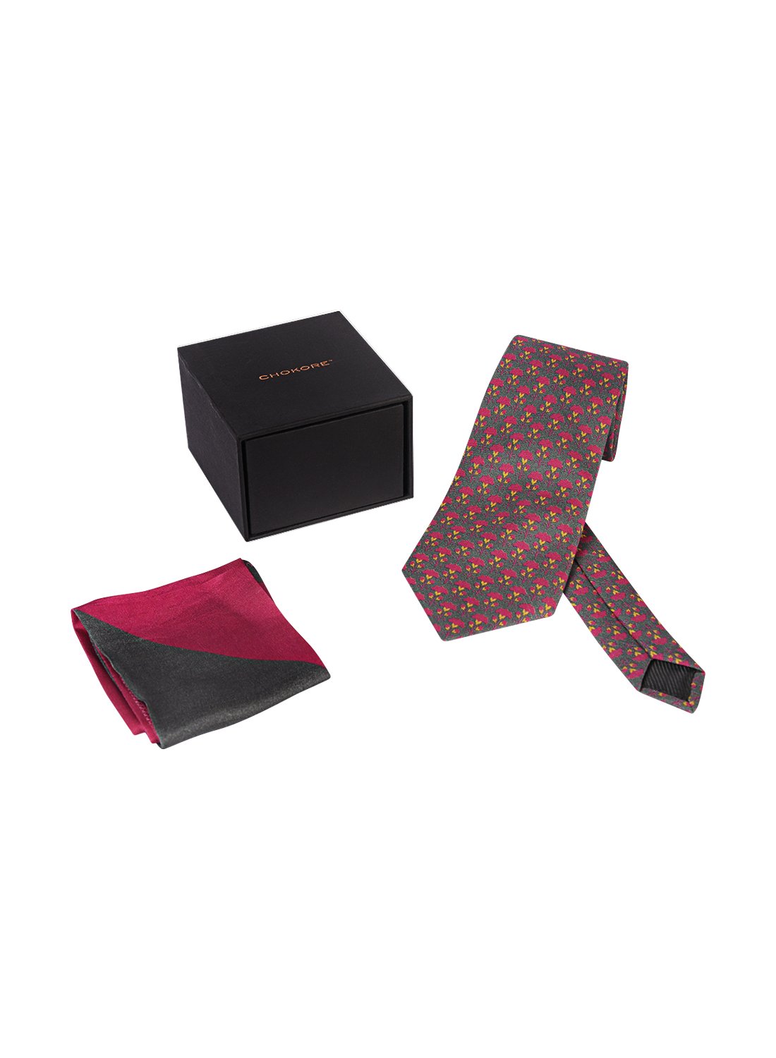 Chokore Grey & Magenta Silk Tie from Indian At Heart range & Two-in-one Dark Grey & Wine Pink Silk Pocket Square set