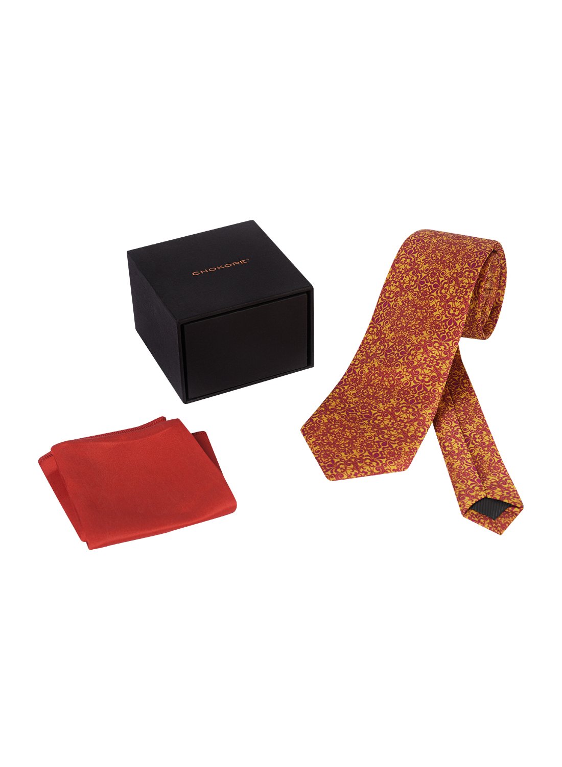 Chokore Red & Yellow Silk Tie - Indian At Heart range & Plain Red color Silk Pocket Square set
