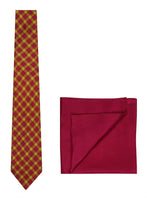 Chokore Chokore Red and Lemon Green Silk Tie from Plaids line & Plain Pink color Silk Pocket Square set