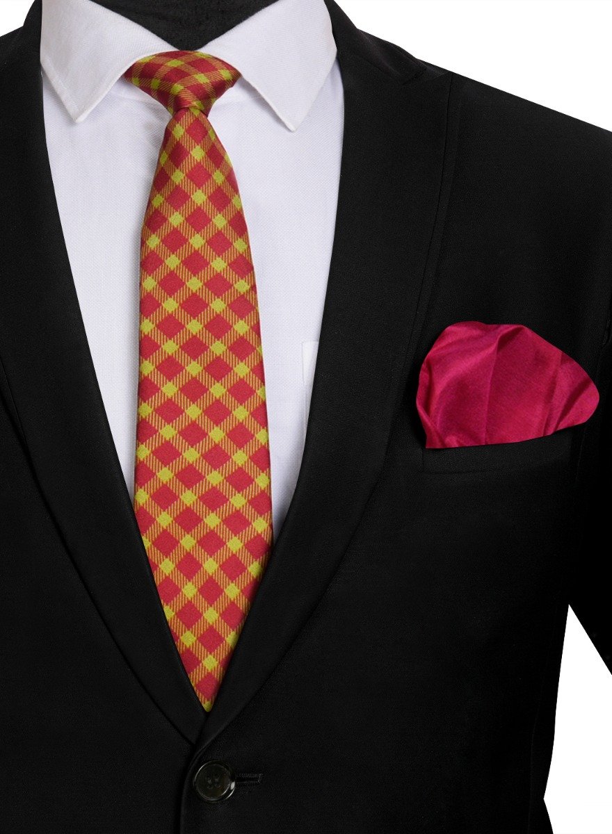 Chokore Red and Lemon Green Silk Tie from Plaids line & Plain Pink color Silk Pocket Square set