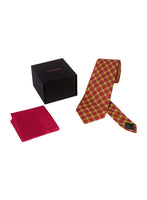 Chokore Chokore Red and Lemon Green Silk Tie from Plaids line & Plain Pink color Silk Pocket Square set