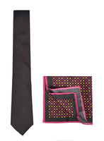 Chokore Chokore Black color silk tie & Black with Magenta & Tangerine Polka Dots Silk Pocket Square set