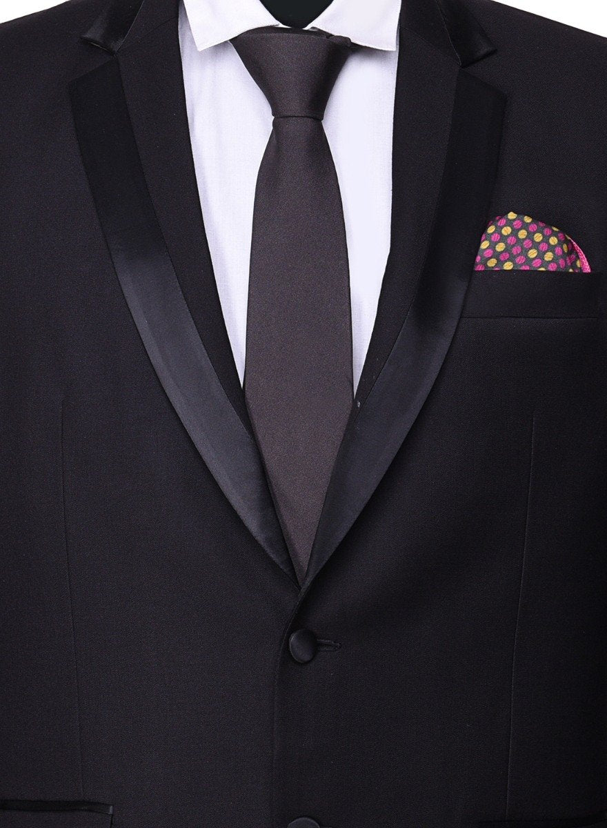 Chokore Black color silk tie & Black with Magenta & Tangerine Polka Dots Silk Pocket Square set