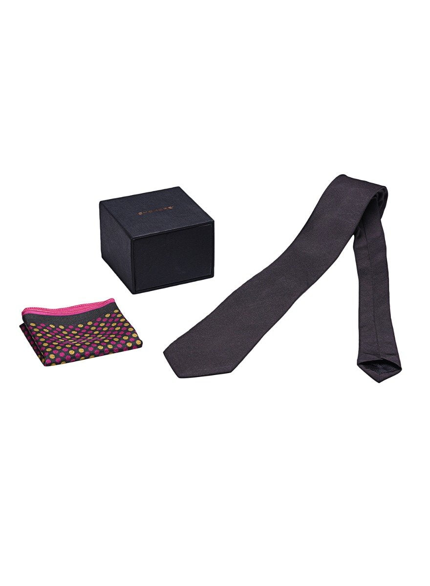 Chokore Black color silk tie & Black with Magenta & Tangerine Polka Dots Silk Pocket Square set