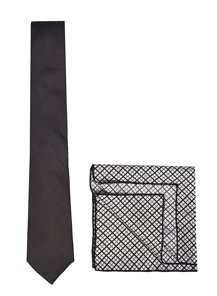 Chokore Black color silk tie & Black and White Plaids Pocket Square set
