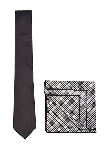 Chokore Black color silk tie & Black and White Plaids Pocket Square set - Chokore Black color silk tie & Black and White Plaids Pocket Square set