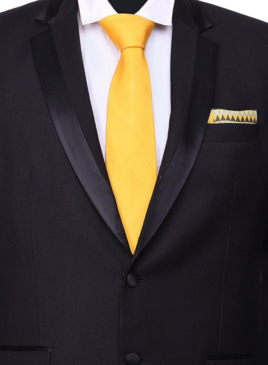 Chokore Yellow color silk tie & Tangerine & Grey Silk Pocket Square set