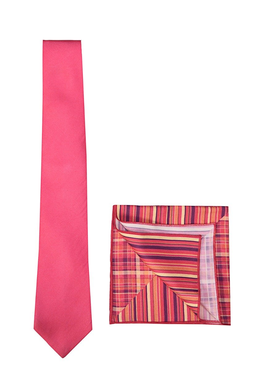 Chokore Fuschia color Silk Tie & Four-in-One Pink & Orange Silk Pocket Square set