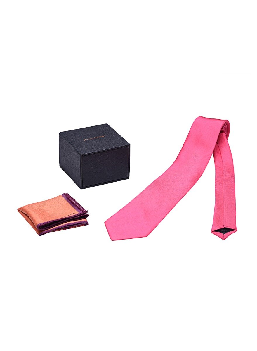 Chokore Fuschia color Silk Tie & Two-in-One Pink & Orange Silk Pocket Square set