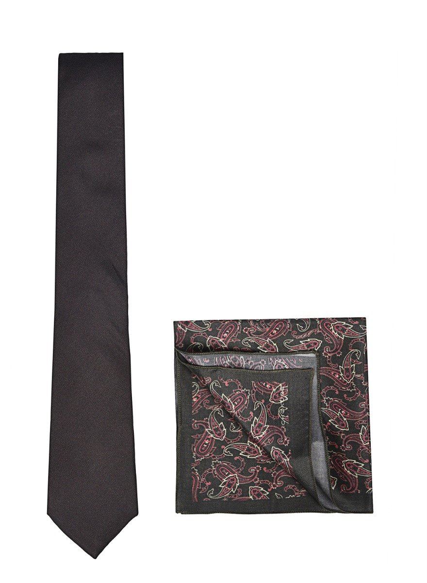 Chokore Black color silk tie & Black and Rose Pink Silk Pocket Square set