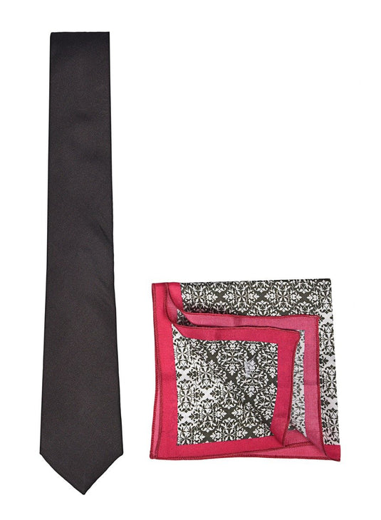 Chokore Black color silk tie & White & Black Silk Pocket Square set