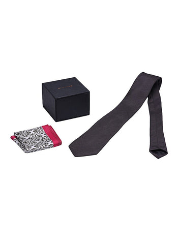 Chokore Black color silk tie & White & Black Silk Pocket Square set - Chokore Black color silk tie & White & Black Silk Pocket Square set