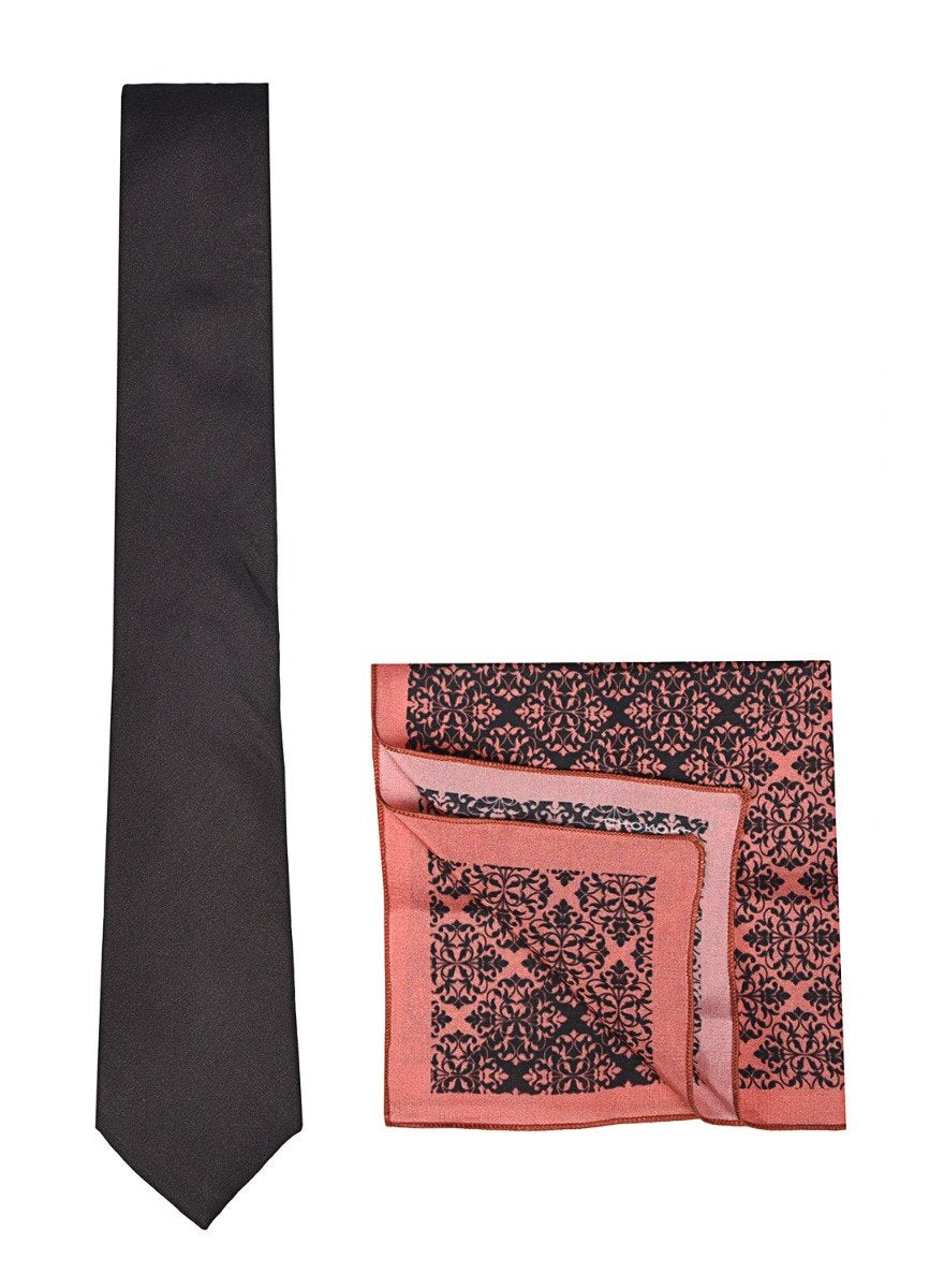 Chokore Black color silk tie & Indian at Heart design Marsela and Black Silk Pocket Square set