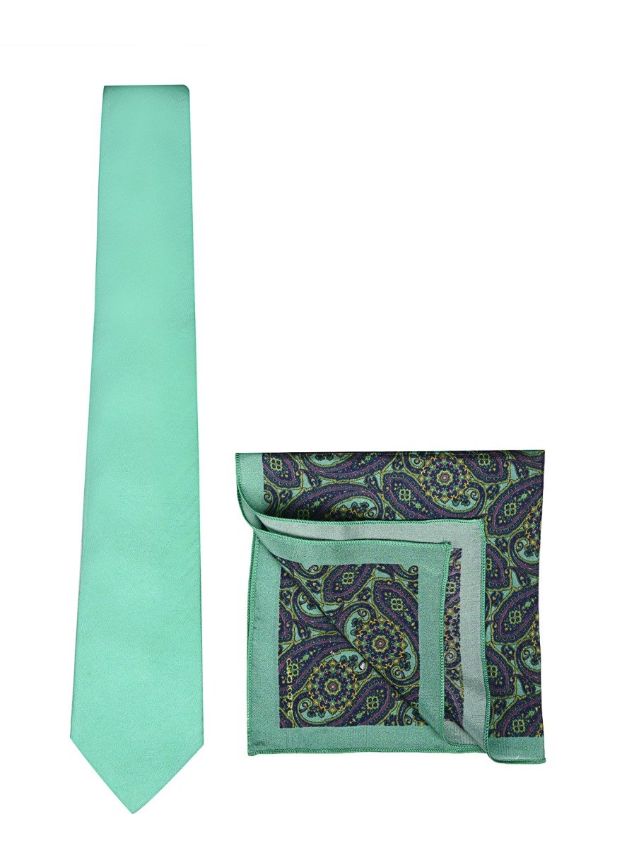 Chokore Dark Sea Green Silk Tie & Indian at Heart design Sea Green and Blue Silk Pocket Square set