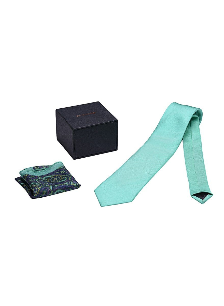 Chokore Dark Sea Green Silk Tie & Indian at Heart design Sea Green and Blue Silk Pocket Square set