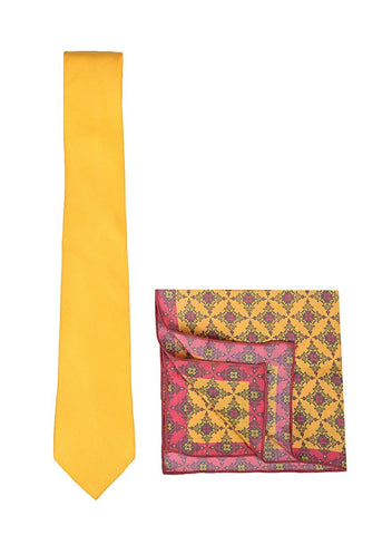 Chokore Yellow color silk tie & Orange & Magenta Silk Pocket Square set - Chokore Yellow color silk tie & Orange & Magenta Silk Pocket Square set