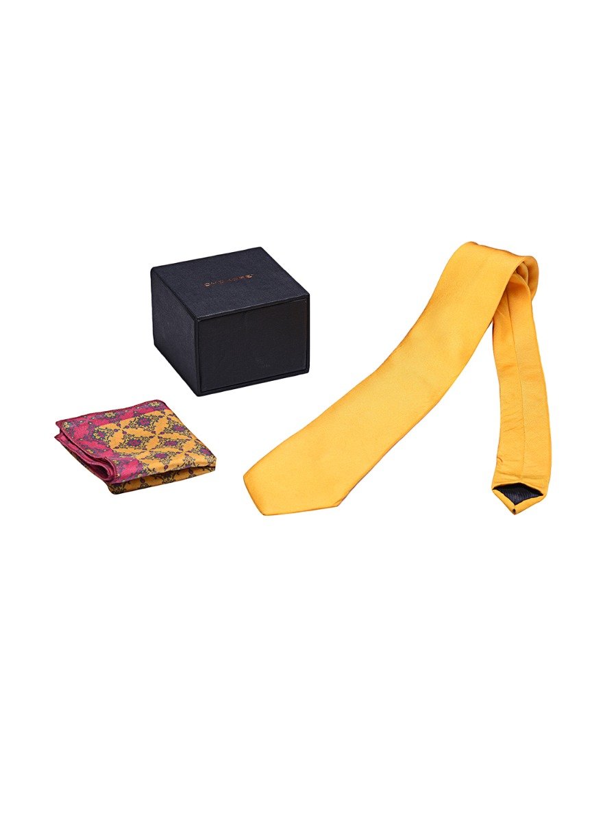 Chokore Yellow color silk tie & Orange & Magenta Silk Pocket Square set