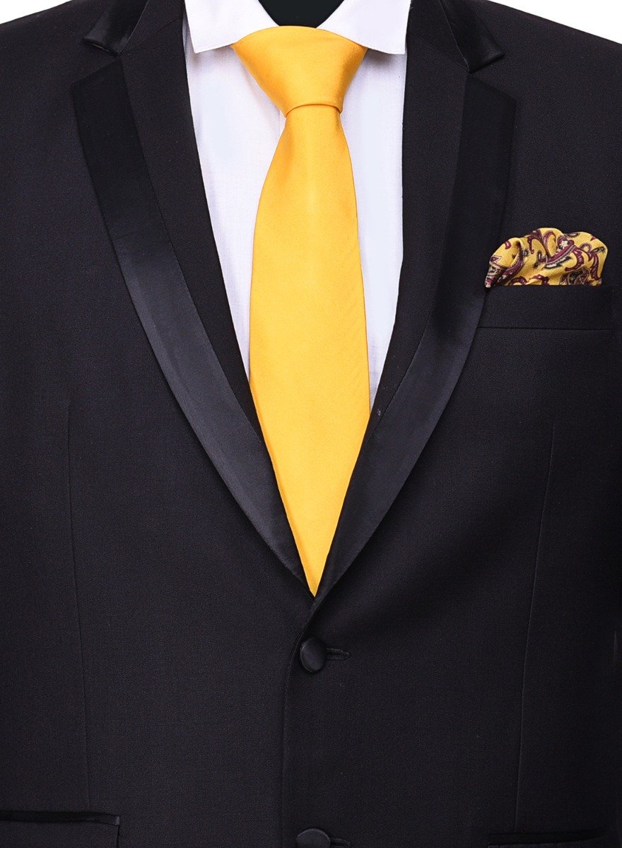 Chokore Yellow color silk tie & Tangerine & Burgundy Pocket Square set