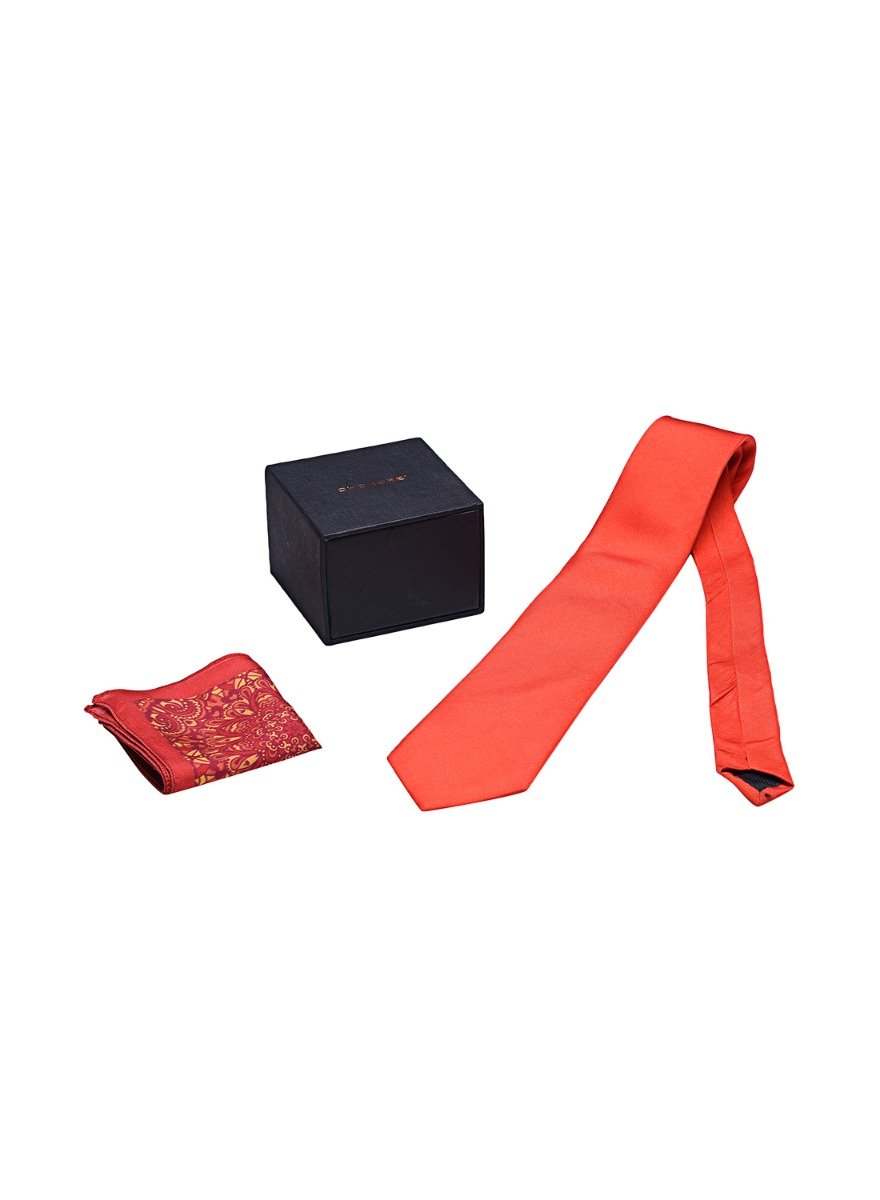 Chokore Red Color Silk Tie & Red & Orange Silk Pocket Square set
