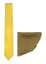 Chokore  Chokore Yellow color silk tie & Double-sided Sea Green & Lemon Green Silk Pocket Circle set