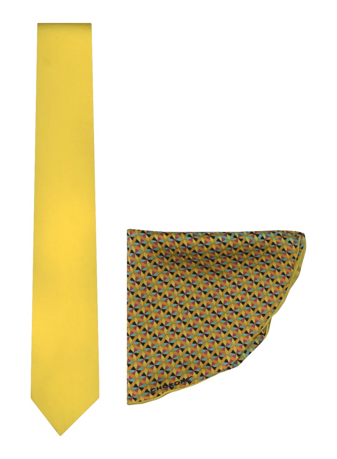 Chokore Yellow color silk tie & Double-sided Sea Green & Lemon Green Silk Pocket Circle set