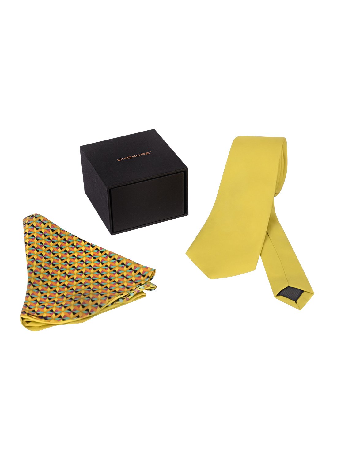 Chokore Yellow color silk tie & Double-sided Sea Green & Lemon Green Silk Pocket Circle set