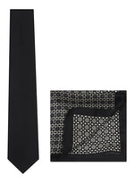 Chokore  Chokore Black color Plain Silk Tie & Black and White silk pocket square set