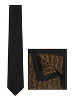 Chokore Chokore Black color Plain Silk Tie & Black & Orange silk pocket square set