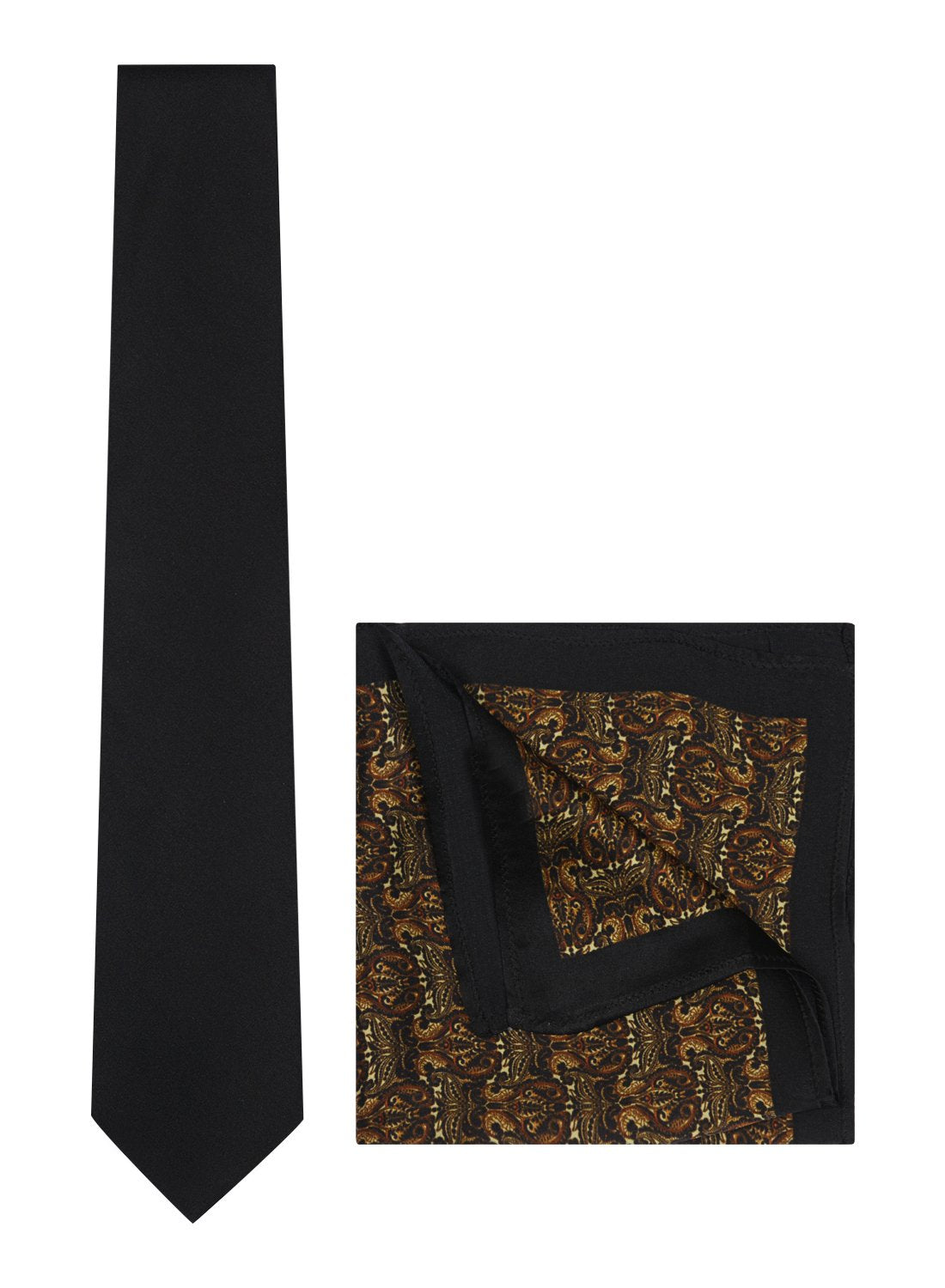Chokore Black color Plain Silk Tie & Black & Orange silk pocket square set