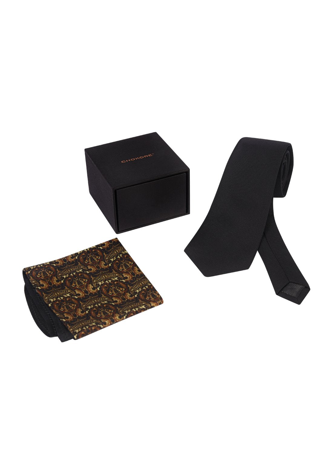 Chokore Black color Plain Silk Tie & Black & Orange silk pocket square set