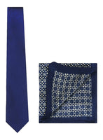 Chokore Chokore Navy Blue color Silk Tie & Blue and White Pure Satin Silk Pocket Square set