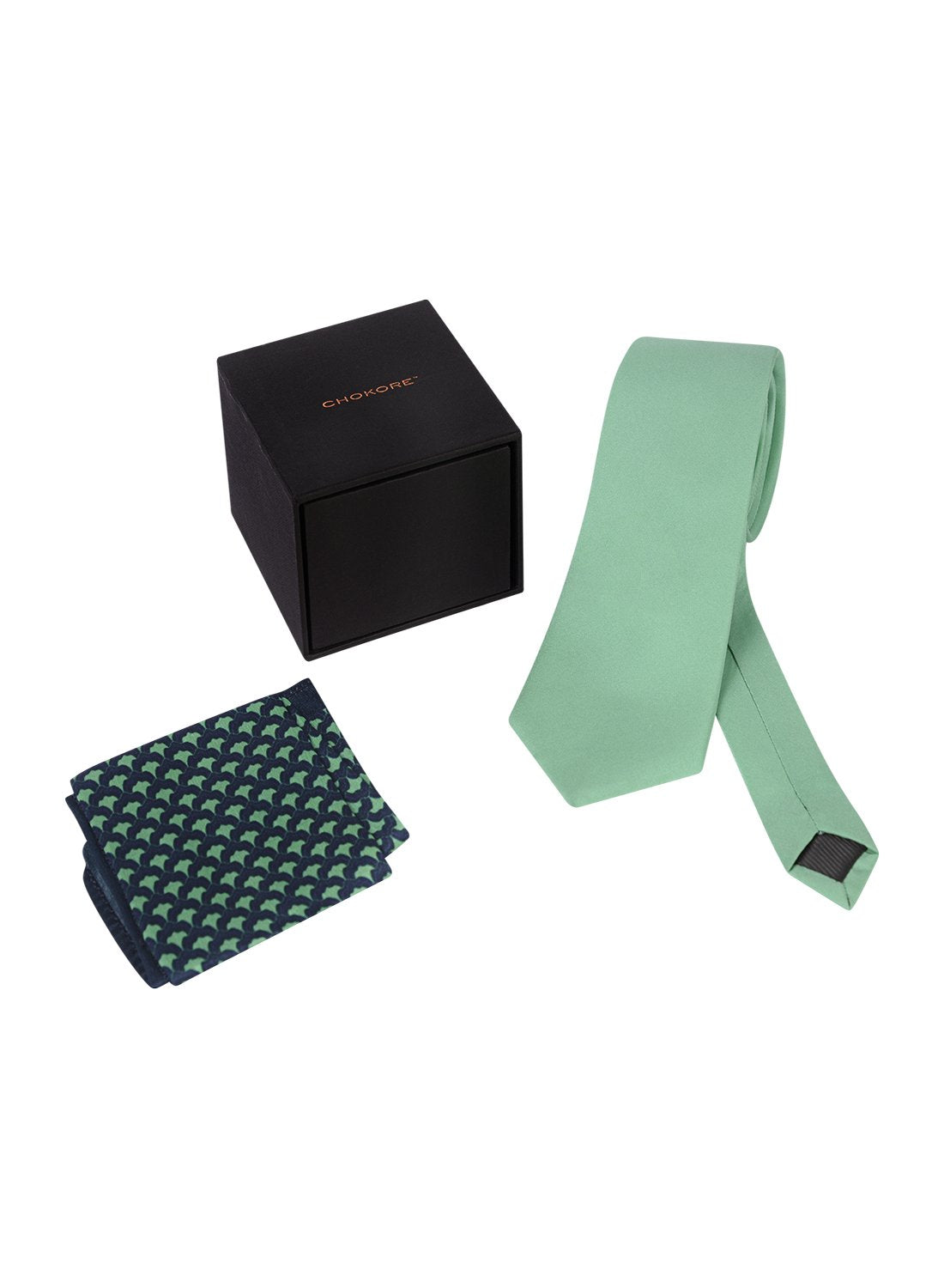 Chokore Sea Green color Silk Tie & Light Sea Green & Navy Blue Silk Pocket Square set