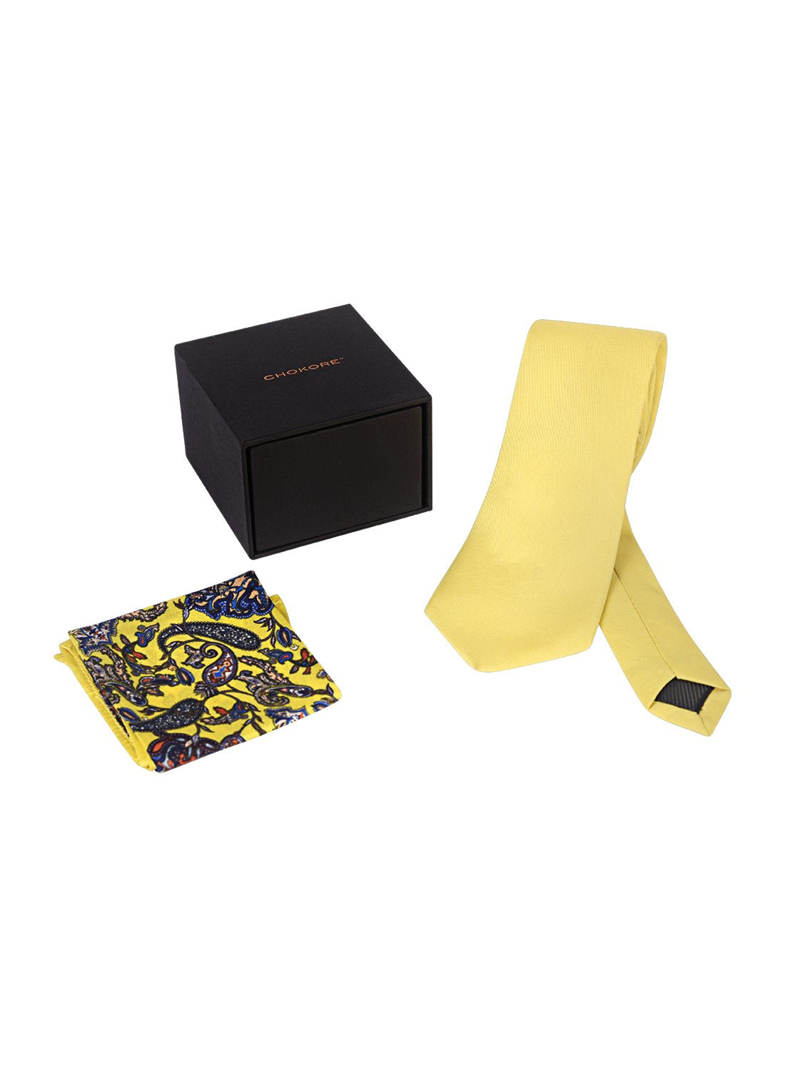 Chokore Yellow color silk tie & Yellow & Blue Silk Pocket Square set