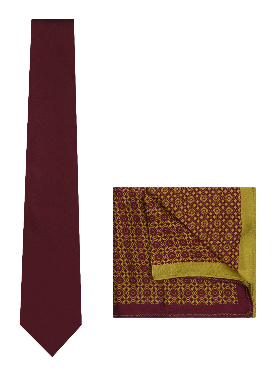 Chokore Burgundy color Plain Silk Tie & Burgundy & Lemon Green silk pocket square set