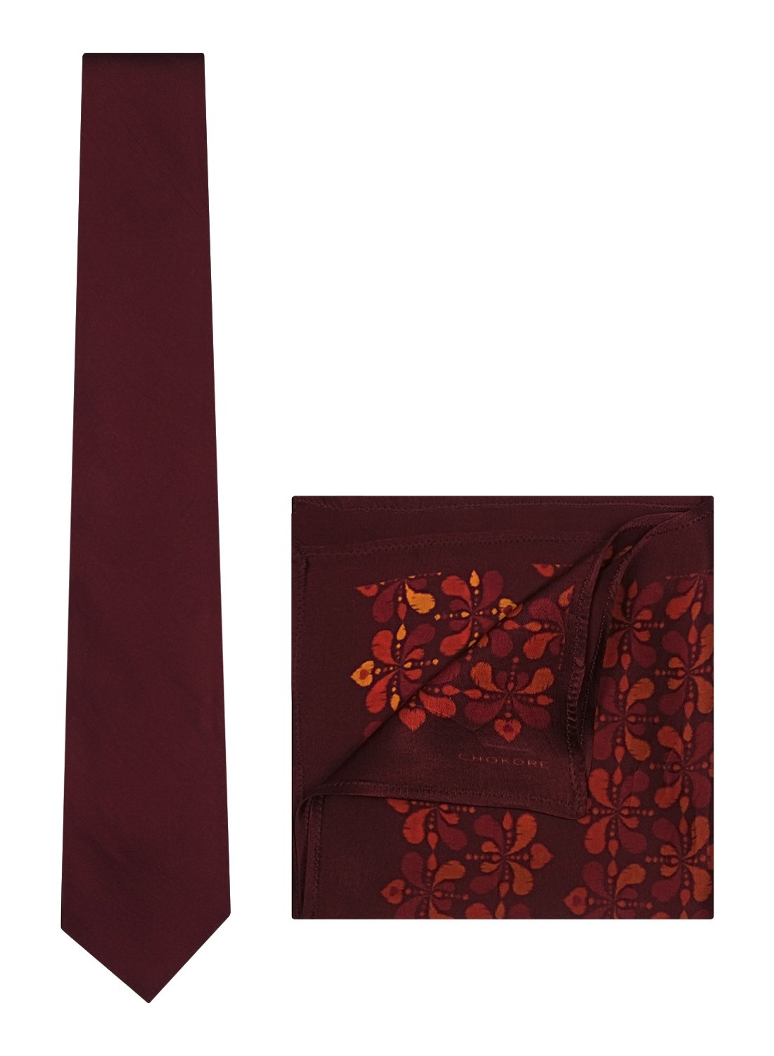 Chokore Burgundy color Plain Silk Tie & Burgundy floral print silk pocket square set
