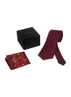 Chokore Chokore Burgundy color Plain Silk Tie & Burgundy floral print silk pocket square set