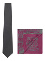 Chokore Chokore Dark Grey color silk tie & Magenta & Silver from Indian design Silk Pocket Square set