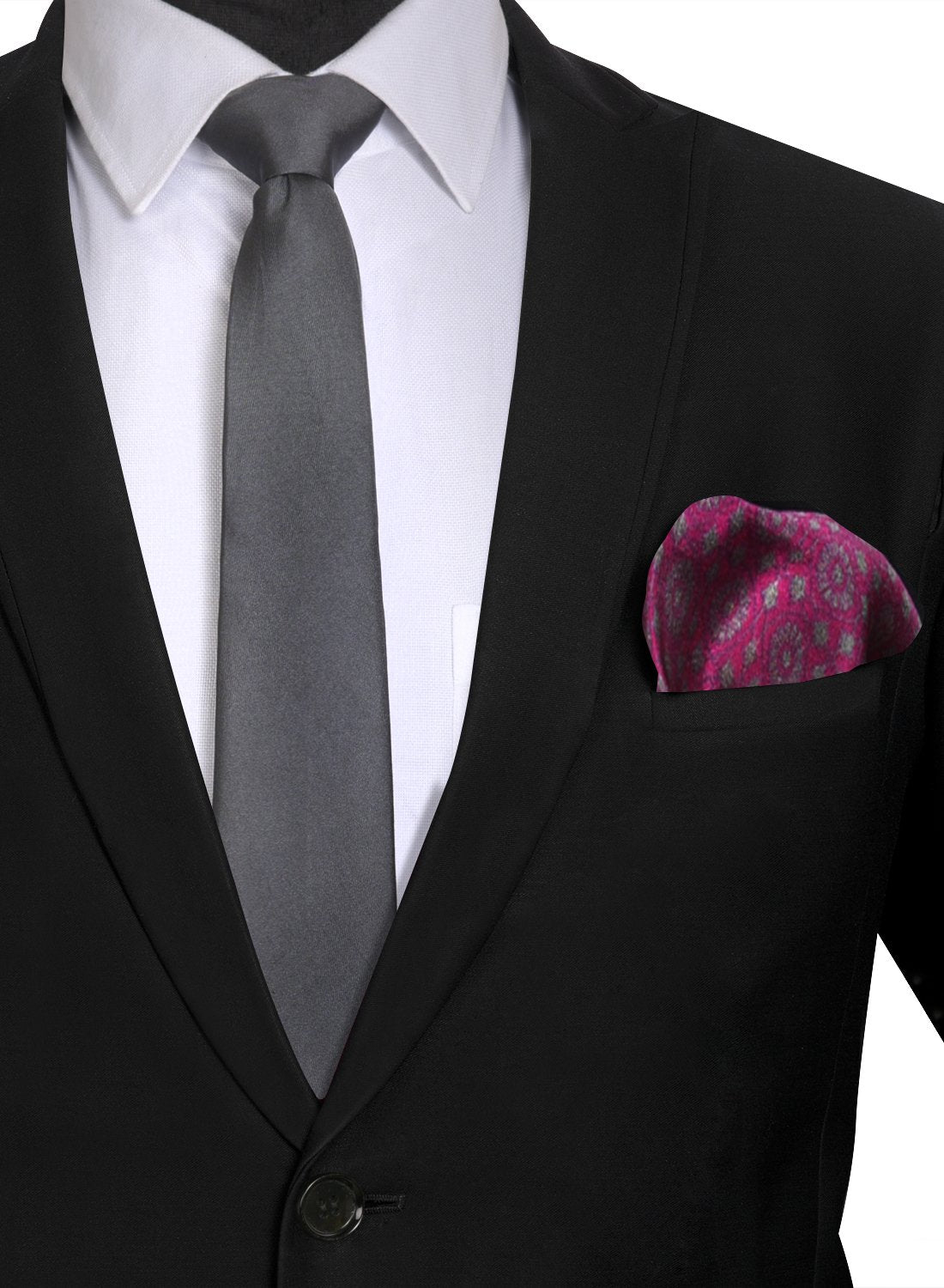 Chokore Dark Grey color silk tie & Magenta & Silver from Indian design Silk Pocket Square set