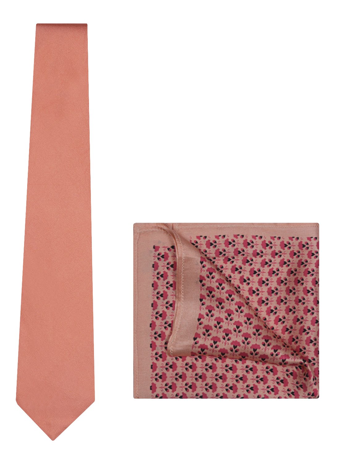 Chokore Peach color Plain Silk Tie & Pink color floral print silk pocket square set