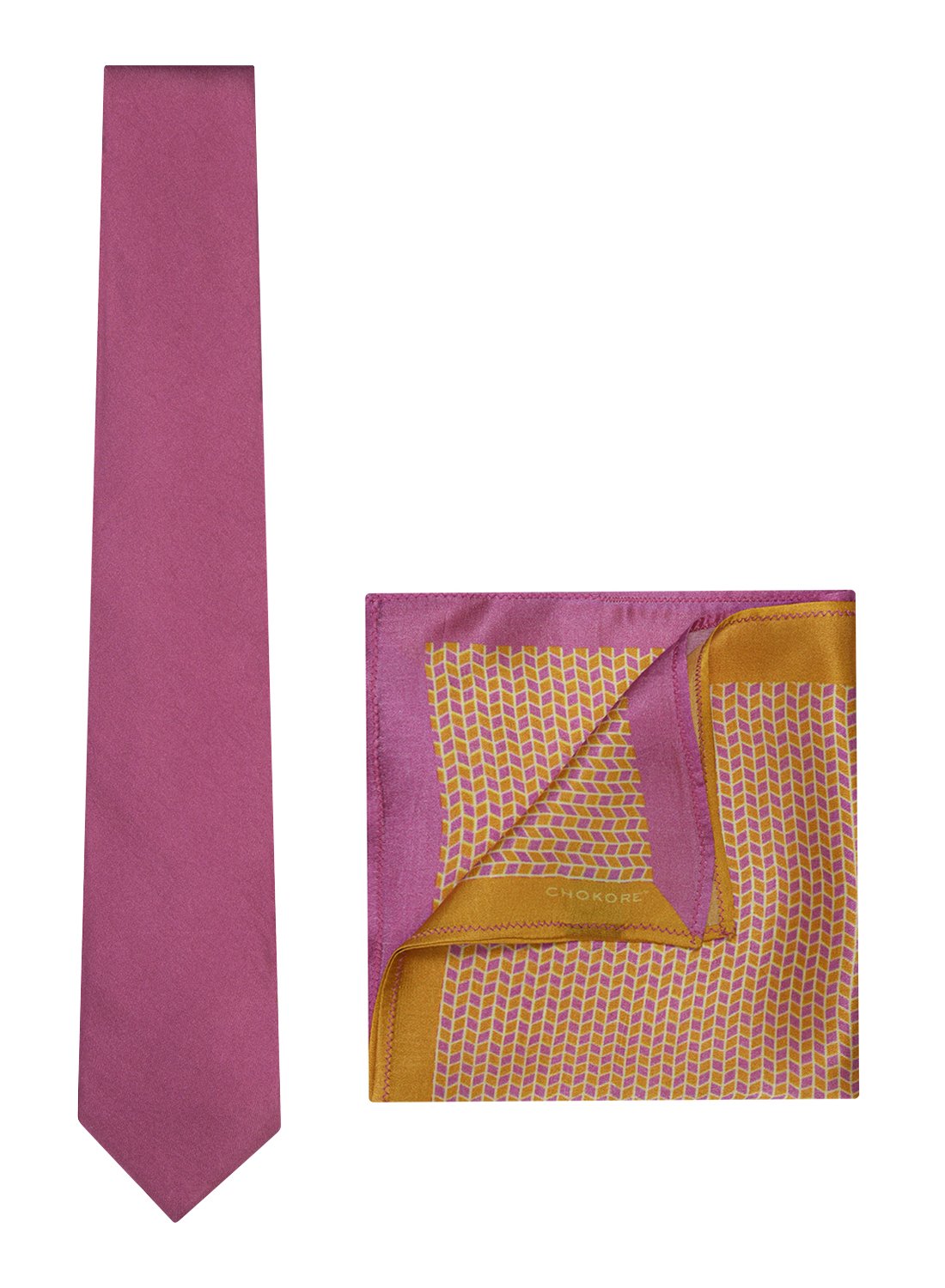 Chokore Pink color silk tie & Two-in-one Gold & Purple Pure Silk Pocket Square set