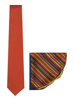 Chokore Chokore Black color Plain Silk Tie & Black & Orange silk pocket square set Chokore Red color silk tie & Double-sided Red & Yellow Silk Pocket Circle set