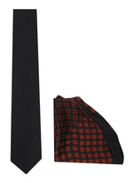 Chokore  Chokore Black color Plain Silk Tie & Double-sided Brick Red & Black Silk Pocket Circle set