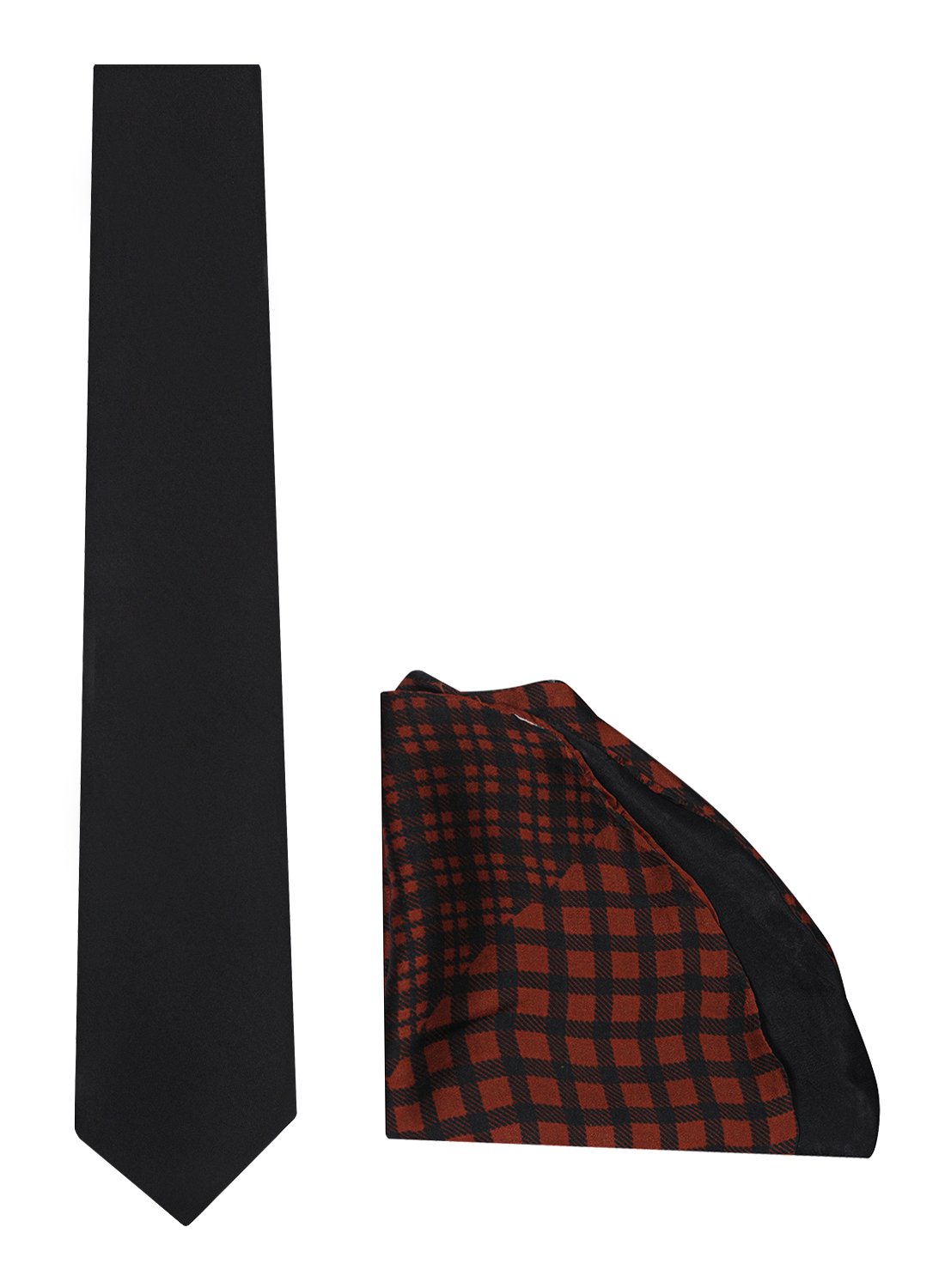 Chokore Black color Plain Silk Tie & Double-sided Brick Red & Black Silk Pocket Circle set